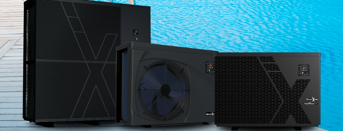 Neptune full inverter pool heat pump for Melbourne's climate displayed alongside an infinity pool