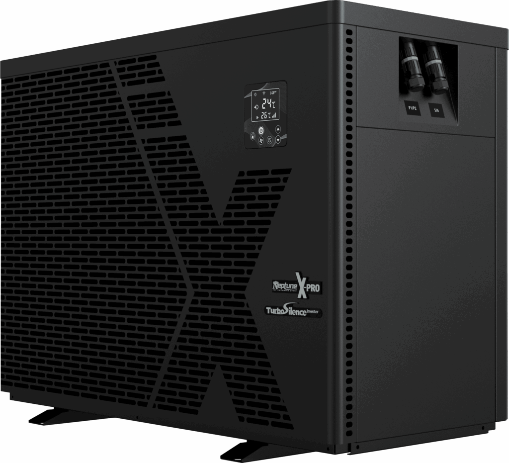 Neptune X-Pro full inverter swimming pool heat pump showcasing the digital display and plumbing connections.
