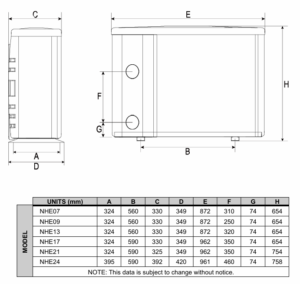 Product dimensions diagram and technical specification table for Neptune pool heat pump models NHE07 to NHE24.