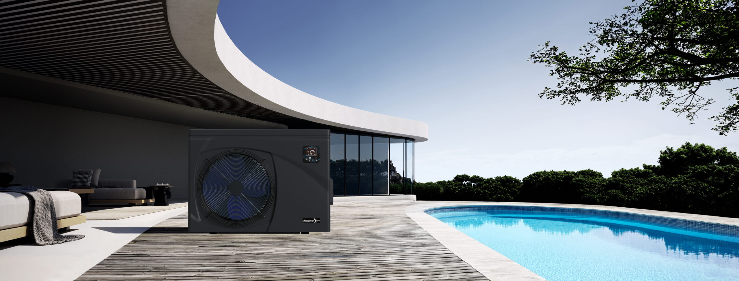 Neptune X-Eco residential pool heat pump installed on a wooden deck