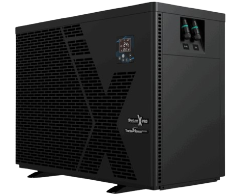 Neptune X-Pro full inverter swimming pool heat pump showcasing the digital display and plumbing connections.