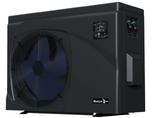 Neptune X-Eco full inverter swimming pool heat pump with blue fan blades and digital display