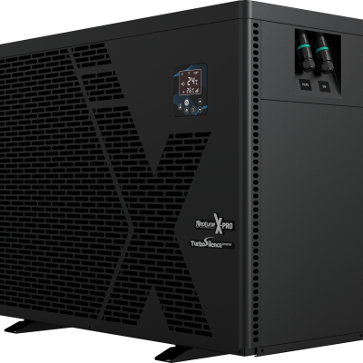 Neptune X-Pro full inverter swimming pool heat pump showcasing the digital display and plumbing connections.