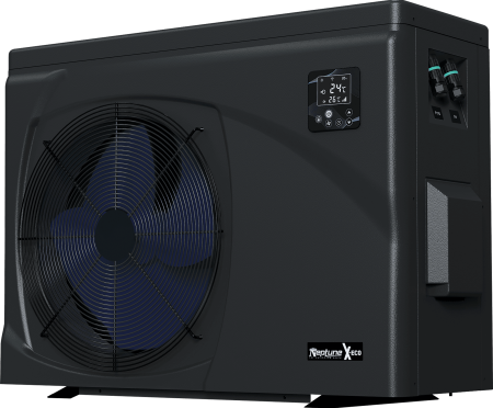 Neptune X-Eco full inverter swimming pool heat pump with blue fan blades and digital display
